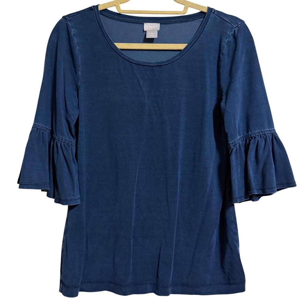 Chicos Women Size 0 Blue Bell Ruffle Sleeve Scoop Neck Lyocell Top Small